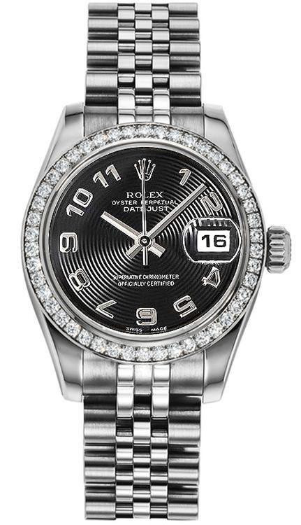 Rolex Rolex Women's New Style Steel Datejust with Factory Diamond Bezel and Black Arabic Concentric Dial 179384