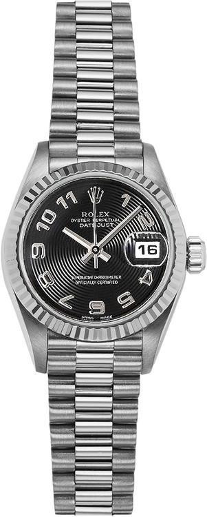 Rolex Rolex Women's White Gold President with Black Concentric Arabic Dial 69179