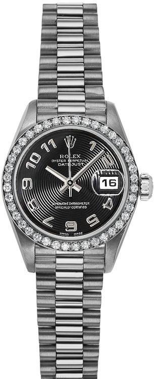 Rolex Rolex Women's White Gold President with Factory Diamond Bezel with Black Concentric Arabic Dial 69139