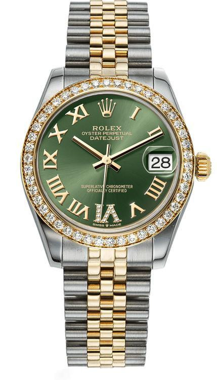 Rolex Rolex New Style Datejust Midsize Factory Diamond Bezel & Green Roman Dial on Jubilee Bracelet 178383