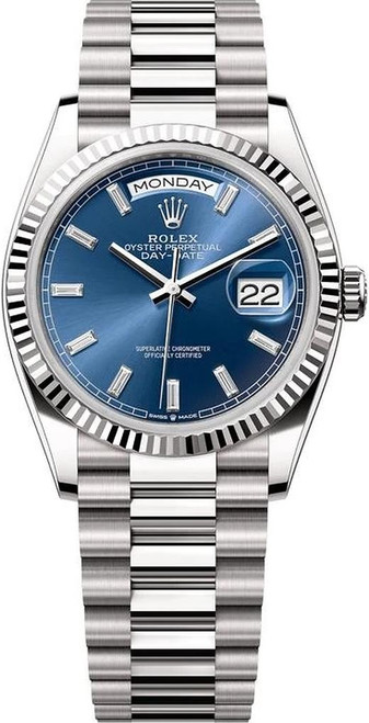 Rolex Day-Date 36mm White Gold 128239 Blue Baguette