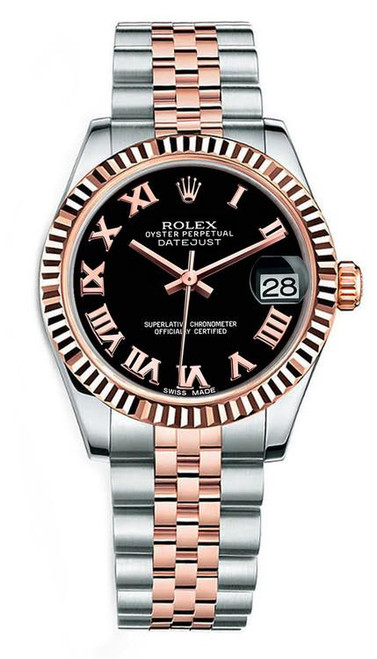 Rolex New Style Datejust 178271 Midsize Rose Gold Black Index Dial