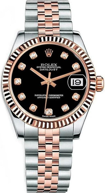 Rolex New Style Datejust Rose Gold Midsize Two Tone Factory Black Diamond Dial 178271