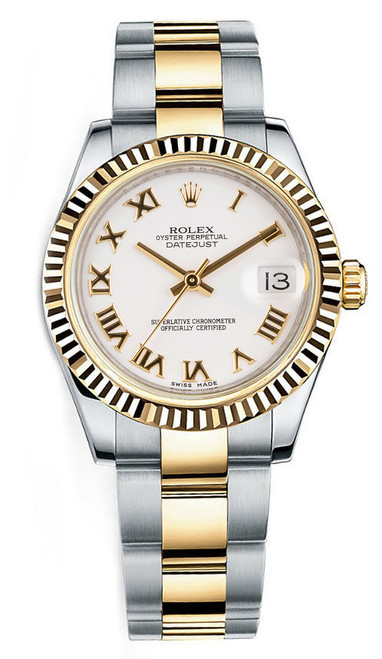 Rolex Datejust Midsize Two Tone Fluted Bezel White Roman on Oyster Band 178273WRO