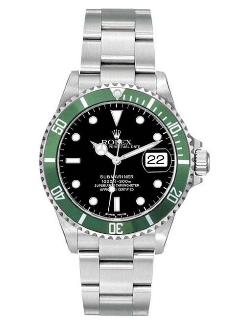 Rolex Submariner Steel Pre-Owned 16610 Custom Green Bezel Rolex Submariner Steel Pre-Owned 16610 Custom Green Bezel