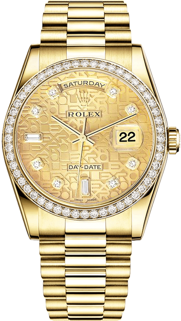 Rolex Men's Day Date President Yellow Gold Factory Diamond Bezel & Champagne Anniversary Diamond Dial 18348 Rolex Men's Day Date President Yellow Gold Factory Diamond Bezel & Champagne Anniversary Diamond Dial 18348