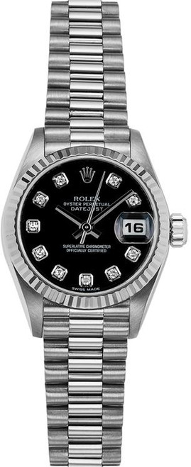 Rolex Women's White Gold President with Factory Black Diamond 69179 Rolex Women's White Gold President with Factory Black Diamond 69179