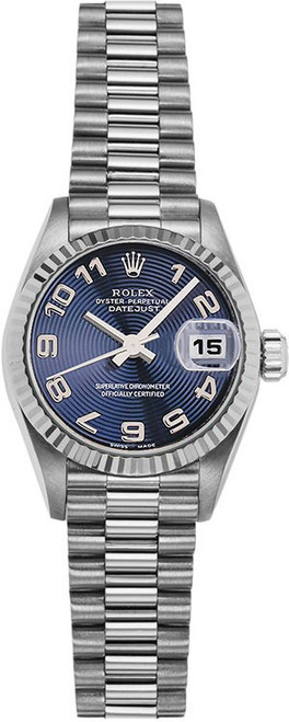 Rolex Women's White Gold President with Blue Concentric Arabic Dial Rolex Women's White Gold President with Blue Concentric Arabic Dial