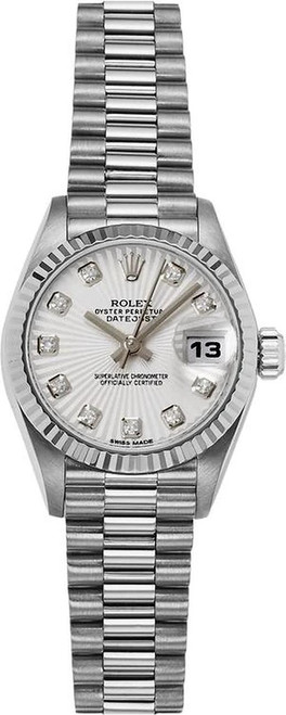Rolex Women's White Gold President with Factory Silver Sunbeam Diamond 69179