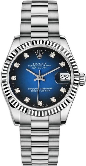 Rolex White Gold President Midsize Factory Blue Vignette Diamond Dial