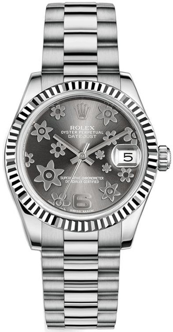 Rolex White Gold President Midsize Rhodium Grey Flower Dial