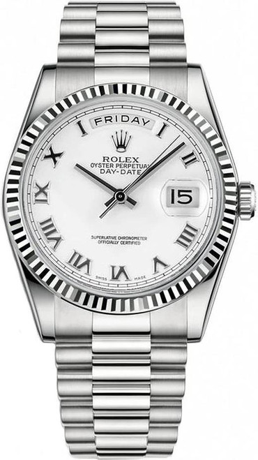 Rolex White Gold President 36mm Factory White Roman Dial on President Bracelet 118239