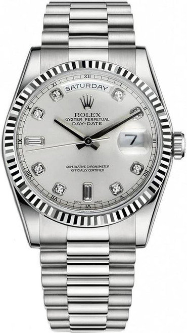 Rolex White Gold Day-Date President 36mm Factory Silver Diamond Dial 118239