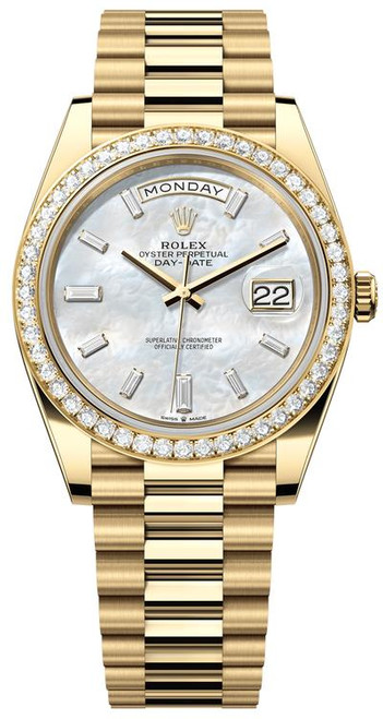 Rolex Men's Day Date President 40mm Yellow Gold Diamond Bezel & Mother of Pearl  Dial 228348rbr-0046 Rolex Men's Day Date President 40mm Yellow Gold Diamond Bezel & Mother of Pearl  Dial 228348rbr-0046