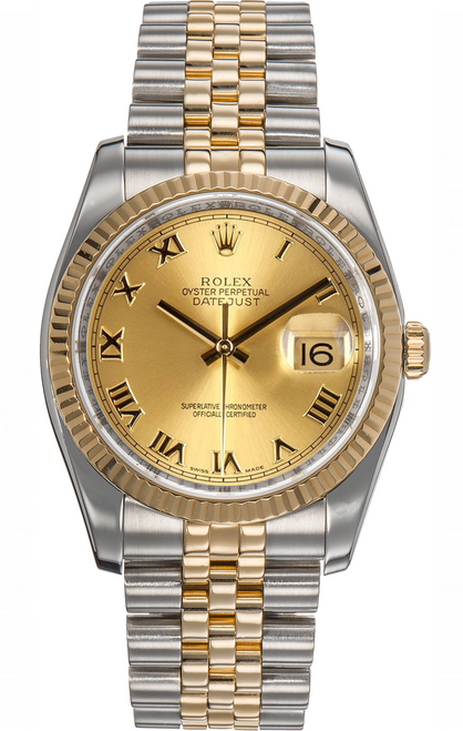 Rolex New Style Datejust Two Tone Champagne Roman Dial 116233