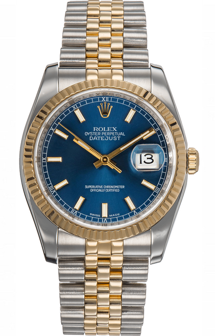 Rolex New Style Datejust Two Tone Fluted Bezel  Blue Index Dial 116233