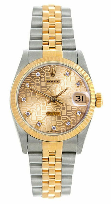 Rolex Women's Datejust Midsize Two Tone Fluted Factory Champagne Anniversary Diamond Dial