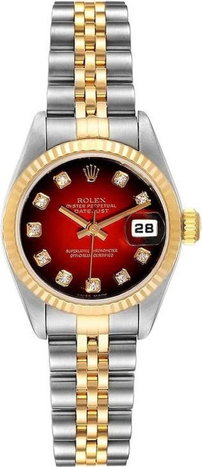 Rolex Women's Datejust Two Tone Fluted Factory  Red Vignette Dial