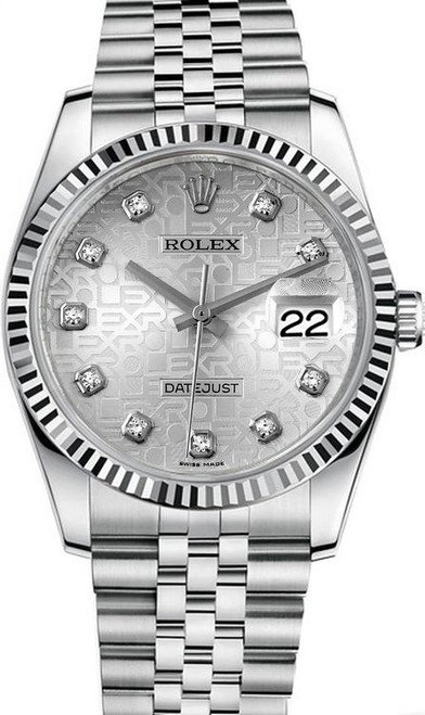 Rolex New Style Datejust Stainless Steel Fluted Bezel & Factory Silver Anniversary Diamond Dial on Jubilee  Bracelet 116234