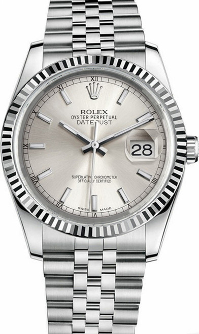Rolex New Style Datejust Stainless Steel  Fluted Bezel Silver Indexl on Jubilee Bracelet 116234