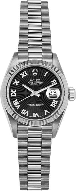 Rolex Women's White Gold President with Black Roman Dial