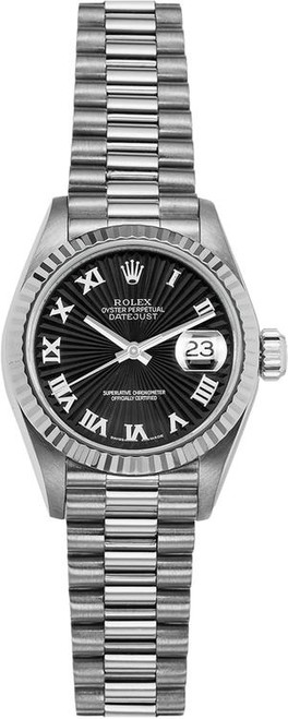 Rolex Women's White Gold President with Black Roman Dial Rolex Women's White Gold President with Black Roman Dial