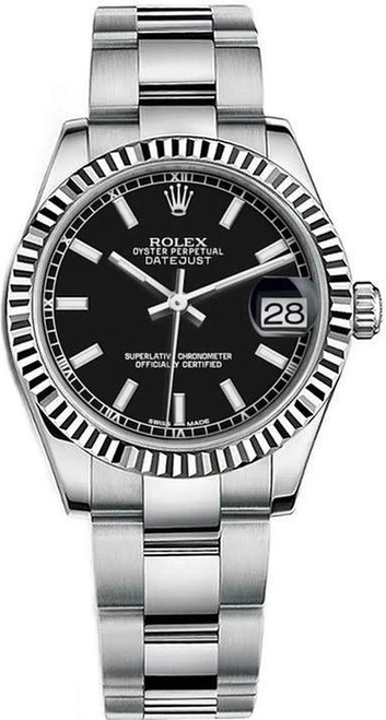 Rolex Datejust Midsize Stainless Steel Fluted Bezel and Black Index on Oyster Bracelet