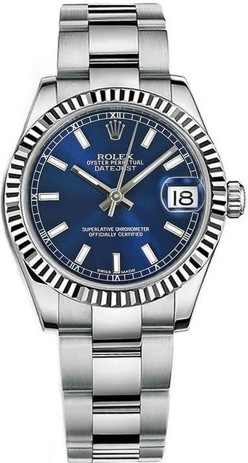 Rolex Datejust Midsize Stainless Steel Fluted Bezel and Blue Index on Oyster Bracelet