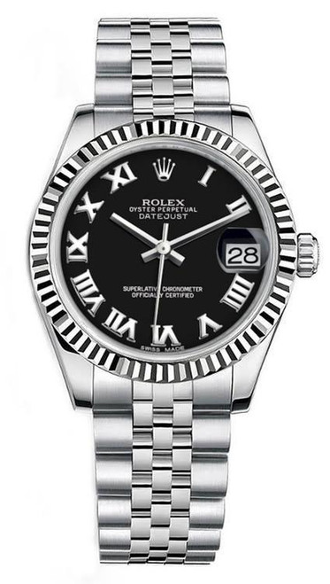 Rolex New Style Datejust Midsize Stainless Steel Fluted Bezel and Black Roman on Jubilee Bracelet