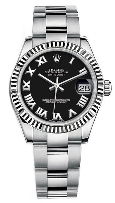 Rolex Datejust Midsize Stainless Steel Fluted Bezel and Black Roman on Oyster Bracelet