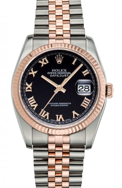 Rolex New Style Datejust Rose Two Tone Fluted Bezel & Black Roman Dial on Jubilee Bracelet 116231