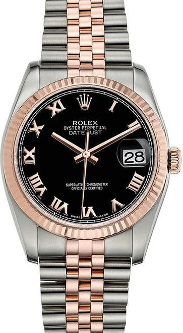Rolex New Style Datejust Rose Two-Tone Black Roman Dial on Jubilee Bracelet 116231