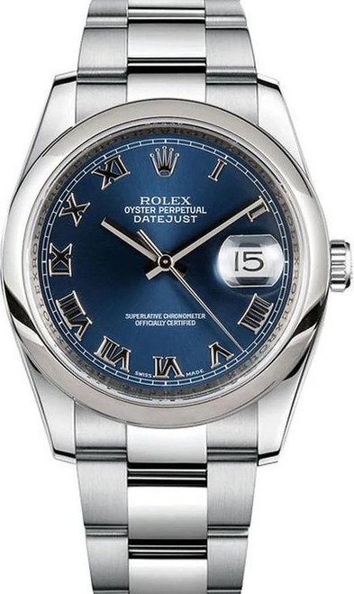 Rolex Datejust Stainless Steel Smooth Bezel and Blue Roman Dial on Oyster Bracelet 116200