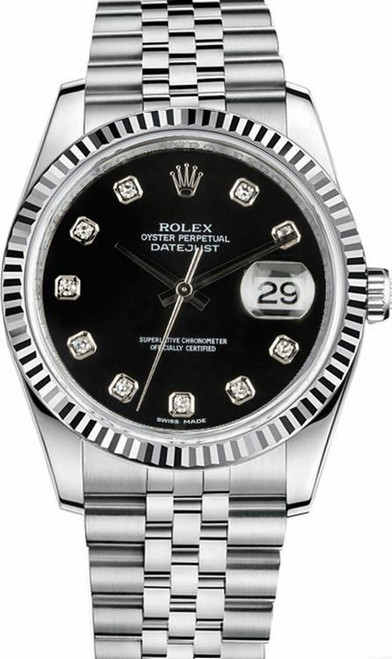 Rolex New Style Datejust Stainless Steel  Fluted Bezel & Factory Black Diamond Dial on Jubilee Bracelet 116234 Rolex New Style Datejust Stainless Steel  Fluted Bezel & Factory Black Diamond Dial on Jubilee Bracelet 116234