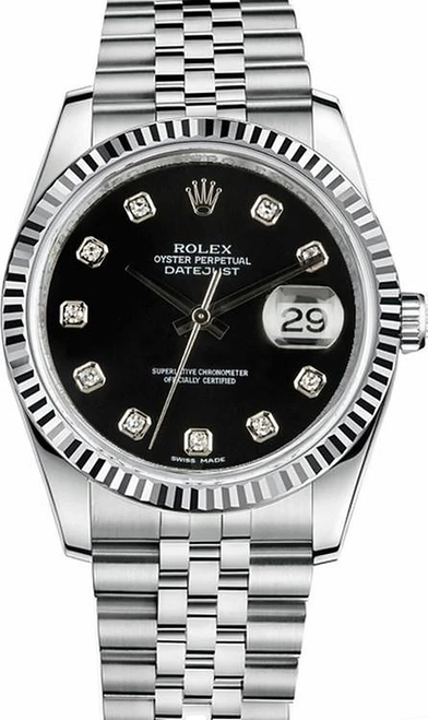 Rolex New Style Datejust Stainless Steel  Fluted Bezel & Factory Black Diamond Dial on Jubilee Bracelet 116234