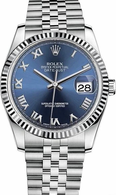 Rolex New Style Datejust Stainless Steel  Fluted Bezel & Factory Blue Roman Dial on Jubilee Bracelet 116234