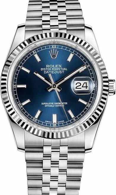 Rolex New Style Datejust Stainless Steel  Fluted Bezel & Factory Blue Roman Dial on Jubilee Bracelet 116234