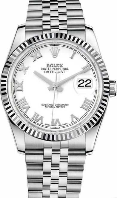 Rolex New Style Datejust Stainless Steel Fluted Bezel & Factory White Roman Dial on Jubilee Bracelet 116234 Rolex New Style Datejust Stainless Steel Fluted Bezel & Factory White Roman Dial on Jubilee Bracelet 116234