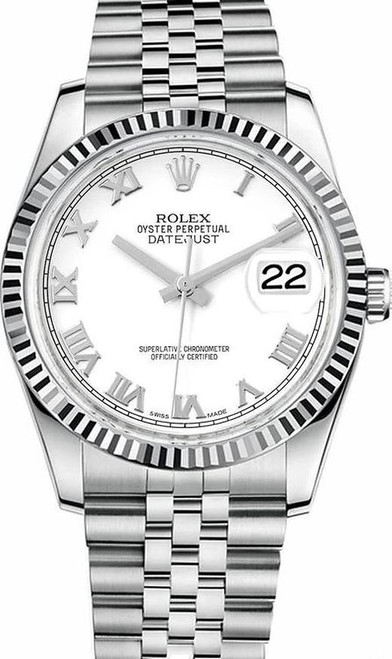 Rolex New Style Datejust Stainless Steel  Fluted Bezel & Factory White Roman Dial on Jubilee Bracelet 116234