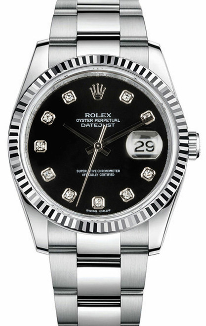 Rolex Datejust Stainless Steel  Fluted Bezel and Factory Black Diamond Dial on Oyster Bracelet 116234