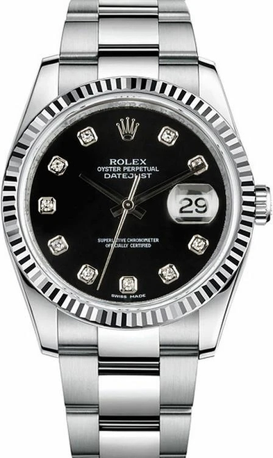 Rolex Datejust Stainless Steel  Fluted Bezel and Factory Black Diamond Dial on Oyster Bracelet 116234