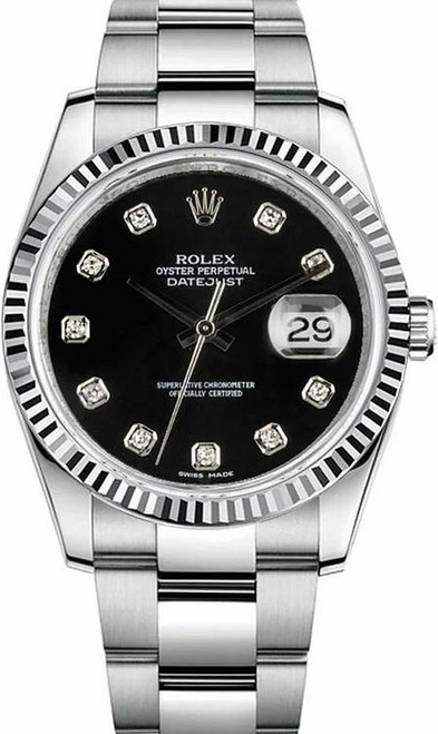 Rolex Datejust Stainless Steel  Fluted Bezel and Factory Black Diamond Dial on Oyster Bracelet 116234