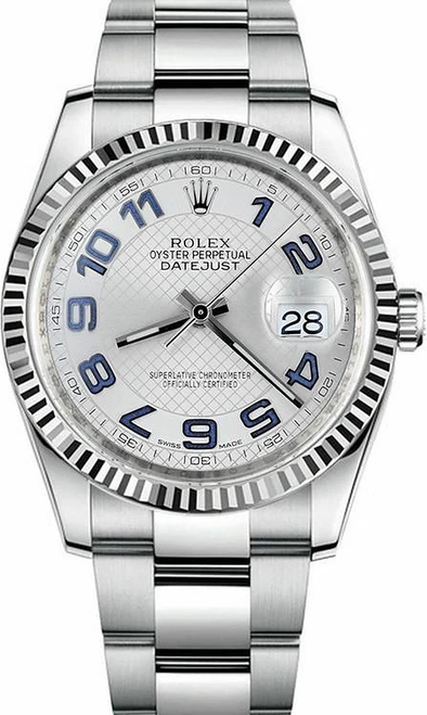 Rolex Datejust Stainless Steel  Fluted Bezel and Factory Silver Roman Dial on Oyster Bracelet 116234