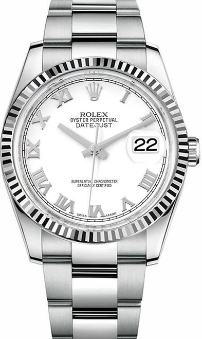 Rolex Datejust Stainless Steel  Fluted Bezel and Factory White Roman Dial on Oyster Bracelet 116234