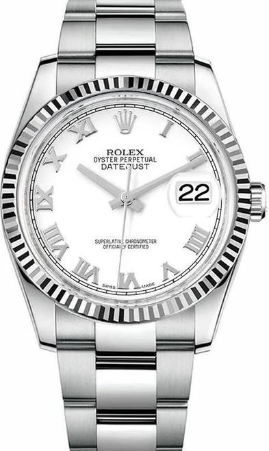 Rolex Datejust Stainless Steel  Fluted Bezel and Factory White Roman Dial on Oyster Bracelet 116234