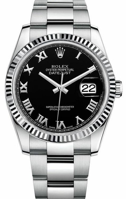 Rolex Datejust Stainless Steel Fluted Bezel & Black Roman Dial on Oyster Bracelet 116234 Rolex Datejust Stainless Steel Fluted Bezel & Black Roman Dial on Oyster Bracelet 116234