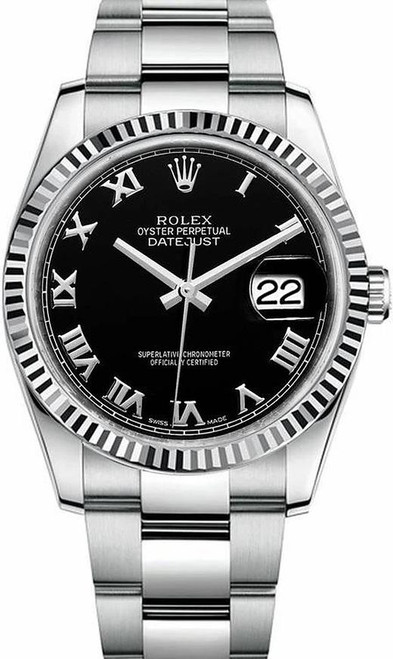 Rolex Datejust Stainless Steel Fluted Bezel & Black Roman Dial on Oyster Bracelet 116234