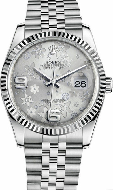 Rolex New Style Datejust Stainless Steel Factory Silver Floral on Jubilee Bracelet 116234