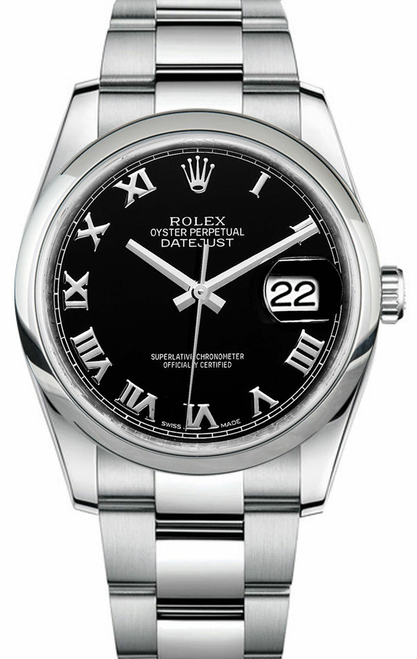 Rolex Datejust Stainless Steel Smooth Bezel & Black Roman Dial on Oyster Bracelet 116200
