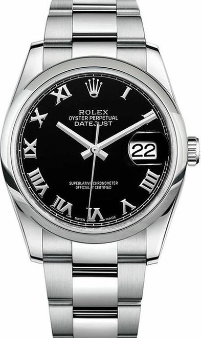 Rolex Datejust Stainless Steel Smooth Bezel & Black Roman Dial on Oyster Bracelet 116200
